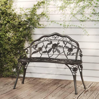 Traditional Cast Iron Garden Bench with Decorative Floral Inlays, 2-Person Outdoor Seating, Black Matte Finish for Patio, Park, or Garden, Sturdy Durable Metal Furniture,