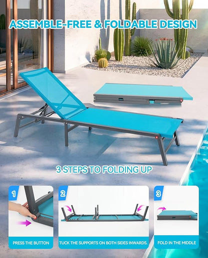Aluminum Chaise Lounge Outdoor, Foldable & Assemble-Free Lounge Chair Outdoor 2 Sets with Foldable Table, Lounge Chair with 5 Adjustable Backrest, Poolside, Beach, Pool, Beige