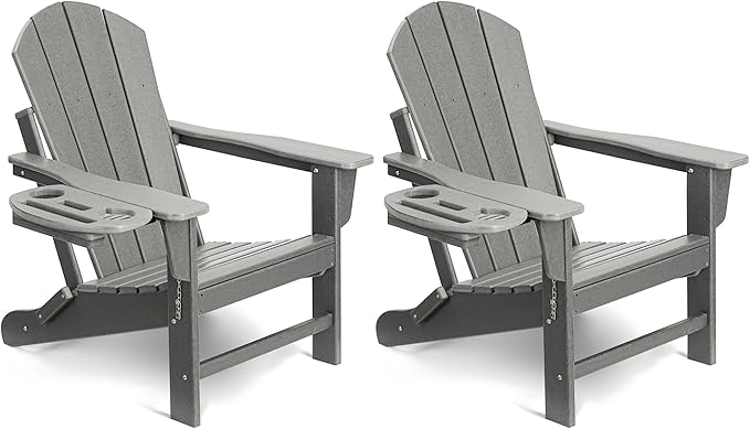 Adirondack Chair Set of 2, HDPE Folding Adirondack Chair with Multifunctional Cup Holder, Weather Resistant Fire Pit Chair for porches, patios, patios, poolsides, Decks.