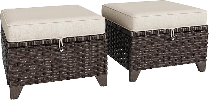 2 Pieces Patio All-Weather Wicker Ottomans with Cushions, PE Rattan Outdoor Conversation Furniture Set for Backyard - Photo 7