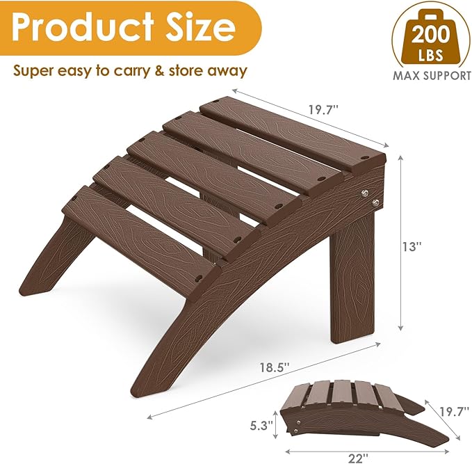 IVY&LANE Outdoor Adirondack Ottoman | Folding | Set of 2 | HDPE Wood Grain | Dark Brown | All Weather | Waterproof Patio Footrest for Adirondack Chair | Poly Lumber Foot Rest for Deck