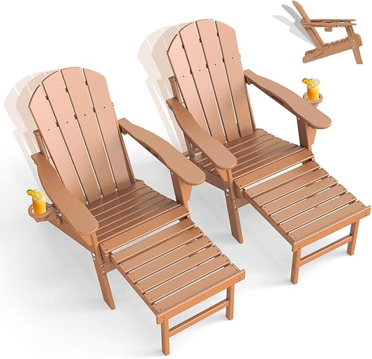GREENVINES Adjustable Adirondack Chair with Retractable Ottoman Set of 2 | Folding | 2 Cup Holders | HDPE Plastic | Fire Pit Chairs w/Foot Rest | Teak | for Outdoor Poolside Patio Deck