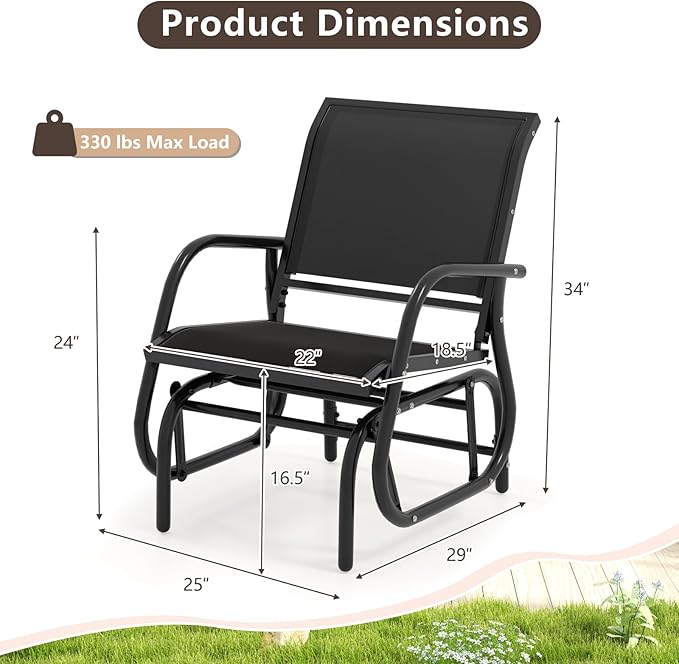 Giantex Swing Glider Chair W/Study Metal Frame Comfortable Patio Chair Love-Seat for Garden, Porch, Backyard, Poolside - Photo 3