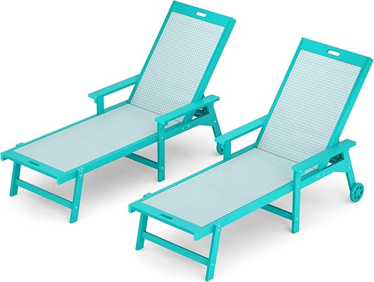 LUE BONA Chaise Lounge Chair Outdoor Set of 2, HDPS and HDPE Wicker Chaise Lounger with 5 Positions, Pool Lounge Chairs with Wheels and Adjustable Backrest for Patio, Poolside, Deck, Backyard