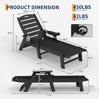 HDPE 5-Position Patio Lounge Chair for Outside, HDPE Chaise Lounge Outdoor with Cup Holder, Resin Pool Lounger Chair