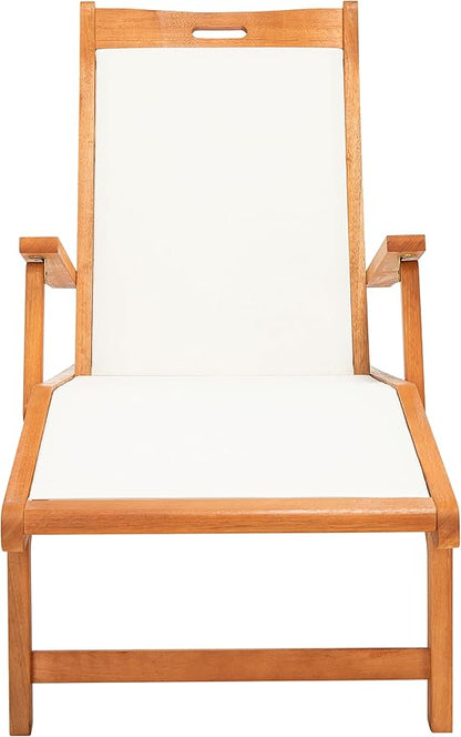 SAFAVIEH Outdoor Collection Kamson Natural Brown Solid Wood/Beige Fabric Adjustable Chaise Lounge Chair (PAT7071A)