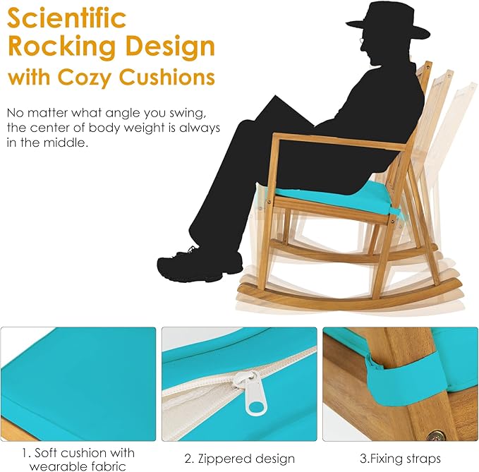 Tangkula Acacia Wood Patio Rocking Chair, Outdoor Porch Rocker W/Removable High-Density Cushion, All-Weather Resistance, Balanced Rocking Base, Perfect for Garden, Backyard, Poolside (1, Turquoise)