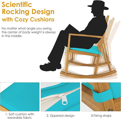 Tangkula Acacia Wood Patio Rocking Chair, Outdoor Porch Rocker W/Removable High-Density Cushion, All-Weather Resistance, Balanced Rocking Base, Perfect for Garden, Backyard, Poolside (1, Turquoise)