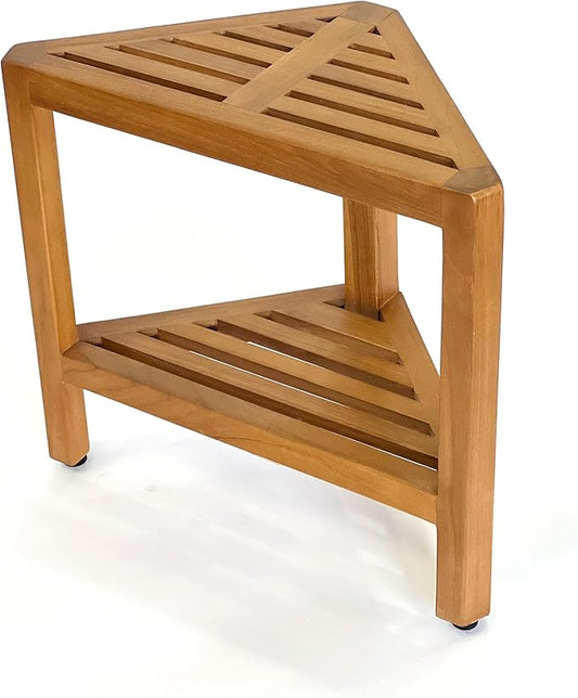 Asta Bora Solid Teak Indoor Outdoor Shower/Bath/Spa Corner Stool with Shelf, Fully Assembled, SpaTeak Collection, TB-009
