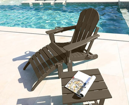 Oversized Adirondack Chair with Footrest, Folding Outdoor Chair with Ottoman and Cup Holder, Weather Resistant Fire Pit Chairs for Outside, Patio, Lawn, Garden, Backyard Deck, Porch, Pool