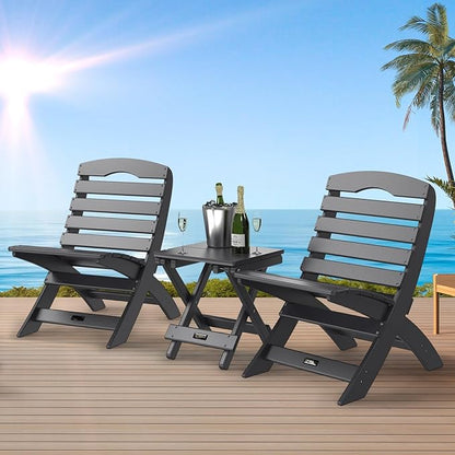 VINGLI Portable Adirondack Chairs Set of 2, Folding Plastic Adirondack Chair for All Weathers, Outdoor Fire Pit Chairs for Patio Poolside Porch Beach, Capacity 350 LBS, Black