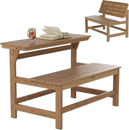 YEFU Convertible Bench Picnic Table: HIPS Convert a Bench with Umbrella Hole - Foldable Space-Saving Picnic Outdoor Benches for Outside Patio Porch Backyard Park Garden Teak