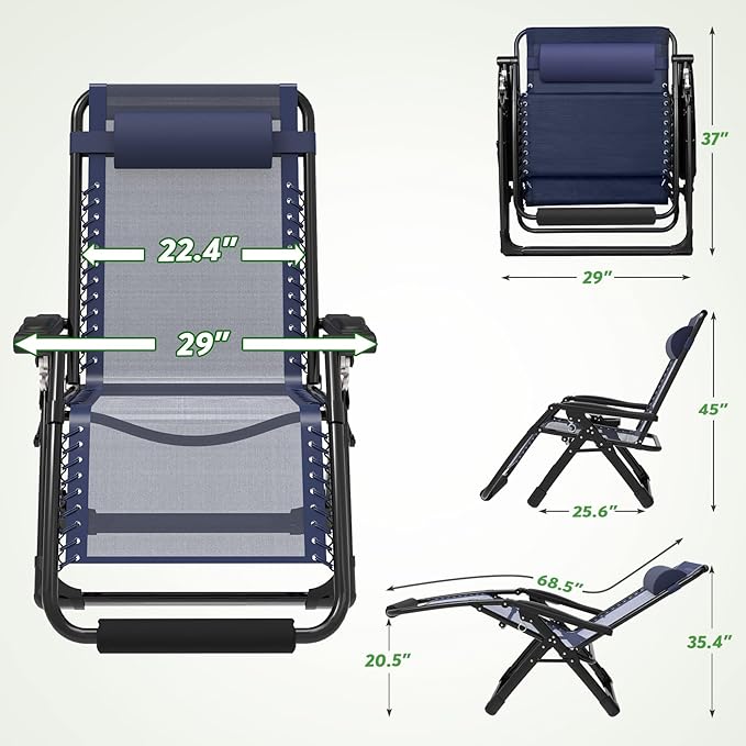 ZENPETIO 29In XL Zero Gravity Chair w/Cushion, Zero Gravity Recliner Lounge Chair for Indoor and Outdoor - Photo 3