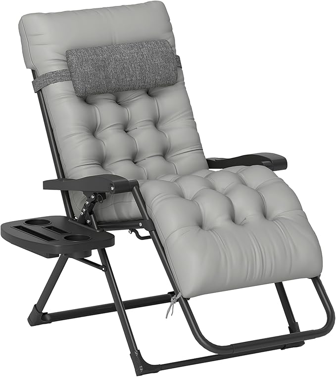 Outsunny Zero Gravity Chair, Folding Reclining Lounge Chair with Padded Cushion, Side Tray for Indoor and Outdoor, Supports up to 264 lbs, Gray