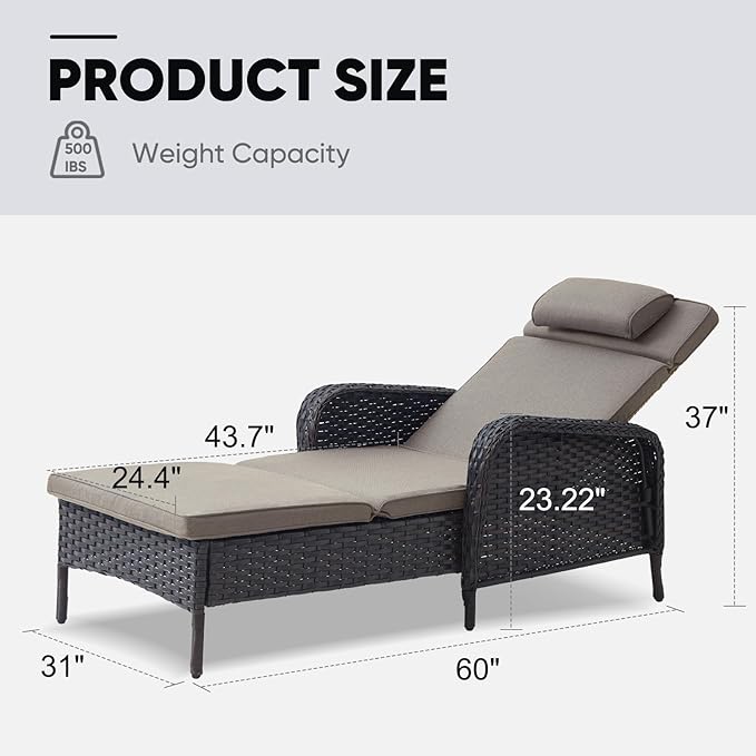Belord Outdoor Chaise Lounge Patio Recliner - 75 Inch Adjustable Wicker Chaise Lounge with Soft Pillow Removable - Photo 3