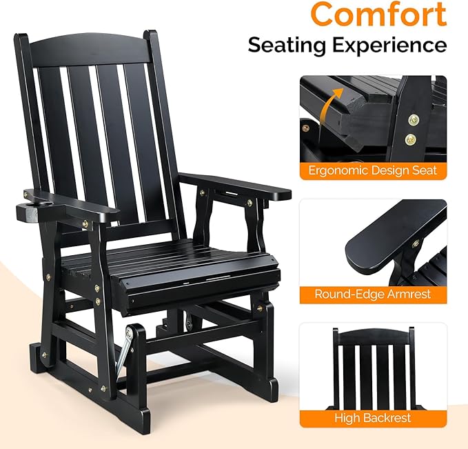 VINGLI Wooden Patio Glider, Heavy Duty 600 LBS Outdoor Glider with Cup Holders - Photo 4