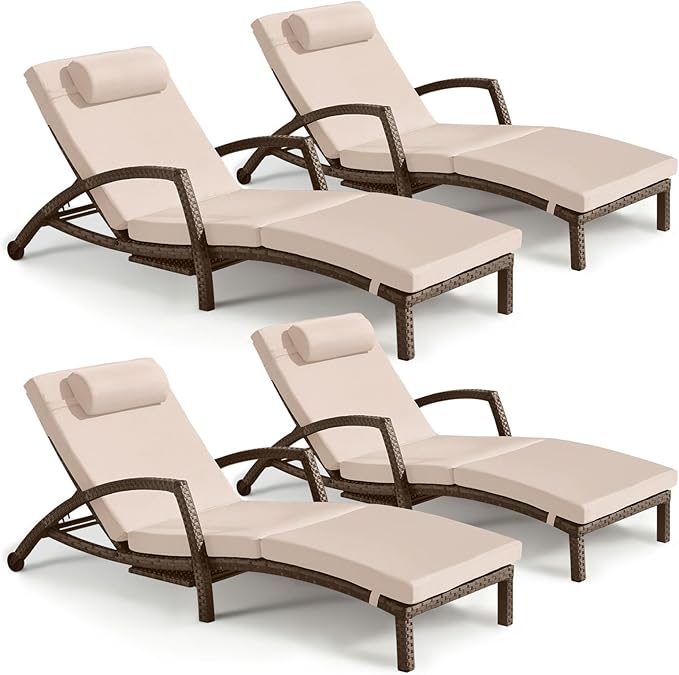 Chaise Lounge Chairs Outdoor Set of 4, Comfy Outside Wicker Patio Pool Lounge Chair w/ 5 Adjustable Back Angle - Photo 1