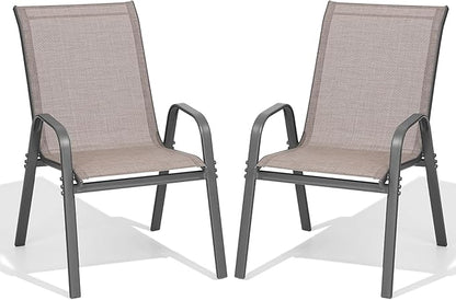 Patio Chairs Set of 2, Easily Set Up Stackable Outdoor Dining Chairs with High Back and Wide Seat, All Weather Breathable Outdoor Chairs Set of 2 with Metal Frame for Backyard Deck Pool, Brown