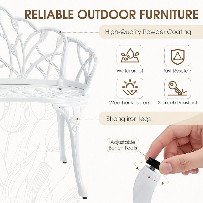 Outdoor Bench with Cushion, Cast Aluminum Double Seating with Backrest and Armrests, Mental Outdoor Furniture for Patio, Porch, Garden, Park, White Tulip
