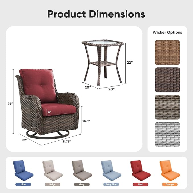 Belord Patio Wicker Chairs Swivel Rocker, Outdoor Patio Furniture Set with Rattan Side Table - Photo 2