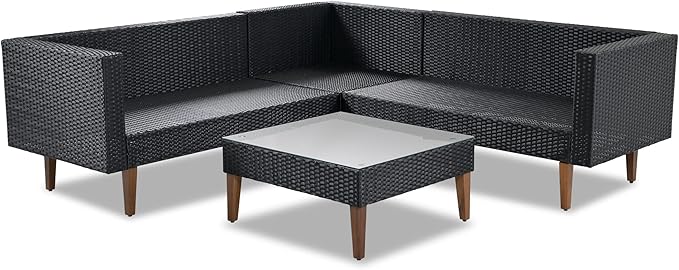Quarte 4-Piece Outdoor Patio Furniture Set, Wicker L-Shape Corner Sectional Sofa Set with Colorful Pillows and Coffee Table,Conversation Seating Group for Small Places (Black+ Gray/L)