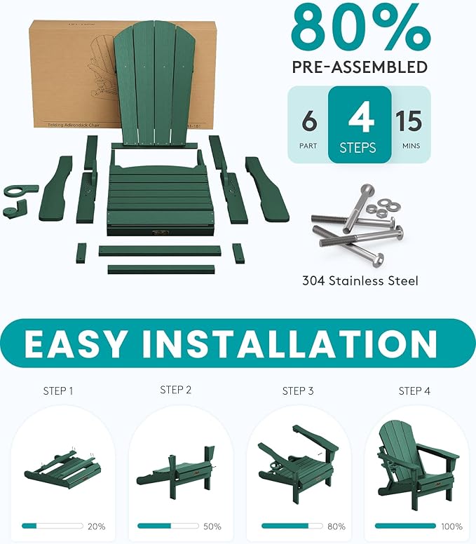 SERWALL Foldable Adirondack Chair Set of 2 for Patio Garden All Weather Adirondack Chairs with Cup Holder Outdoors Fire - Photo 6