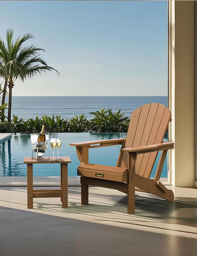 Plastic HDPE Adirondack Chair,Set of 4,Folding Adirondack Chair Weather Resistant with Cup Holder, Wooden Textured Fire Pit Outdoor Chair for Garden, Porch, Lawn, Backyard, Supports 380LBS, Teak