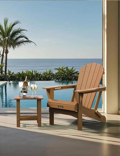 Plastic HDPE Adirondack Chair,Set of 4,Folding Adirondack Chair Weather Resistant with Cup Holder, Wooden Textured Fire Pit Outdoor Chair for Garden, Porch, Lawn, Backyard, Supports 380LBS, Teak