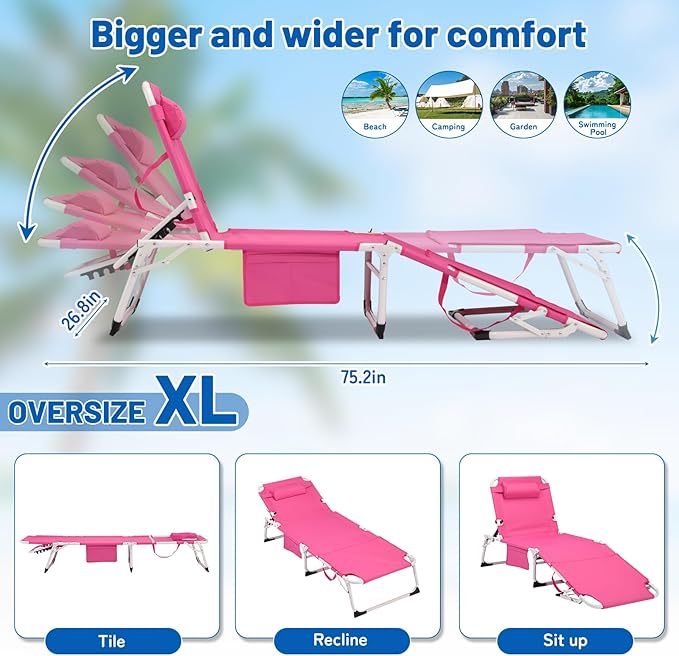 XMT 3-in-1 Tanning Chair with Face Hole for Outside, 5-Position Reclining & Head Cushion – Portable Folding Beach Lounge Chairs for Pool, Lawn, Yard (Pink)