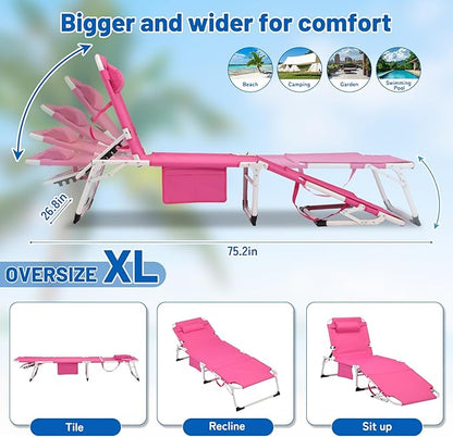 XMT 3-in-1 Tanning Chair with Face Hole for Outside, 5-Position Reclining & Head Cushion – Portable Folding Beach Lounge Chairs for Pool, Lawn, Yard (Pink)
