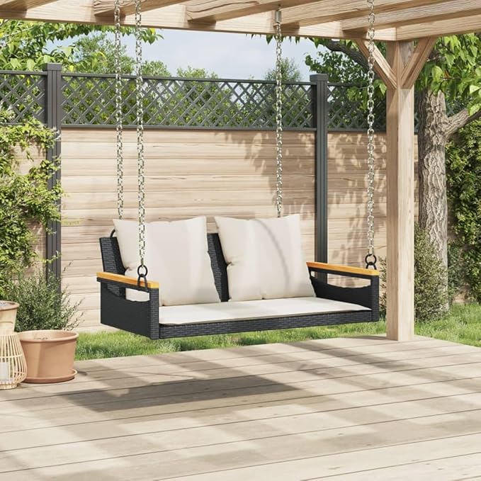 Swing Bench Black Poly Rattan Removable Covers for Garden Patio Relaxation