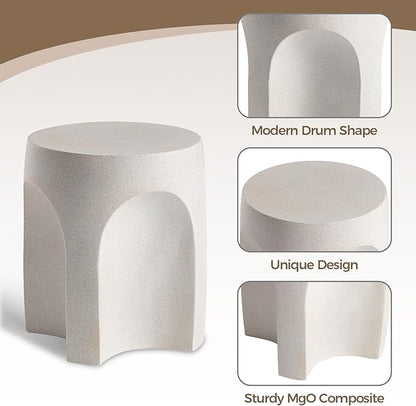 COSIEST Set of 2 Concrete Side Table Drum Shape, 2 Pieces Outdoor Side Table, Patio Accent Cement End Tables, Plant Stand Garden Decorative Stool, Spotted White