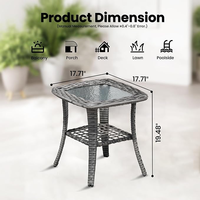 ovios Outdoor Side Table with Tempered Glass Top, Patio Wicker Rattan 2-Tier Storage Coffee End Tables for Porch Deck Balcony Garden Poolside (Grey-Small Size)