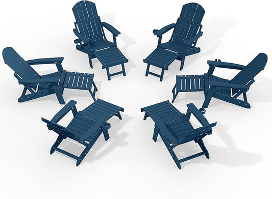 YEFU Adjustable Adirondack Chair with Retractable Ottoman Set of 6,Folding Adirondack Chair with Cup-Holder, Outdoor Chairs with Footrest,Weather Resistant Fire Pit Chairs,for Patio Lawn