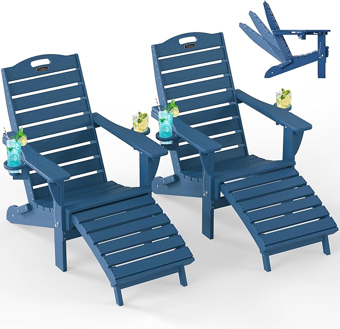 Ciokea Folding Adirondack Chair Set of 2 with Retractable Ottoman Fire Pit Patio Chair with Pull Out Foot Rest Weather - Photo 1