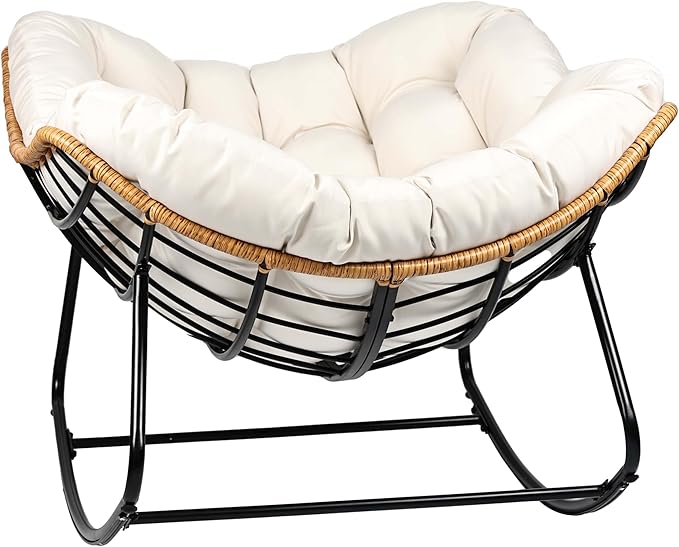 Outdoor Egg Rocking Chair, Indoor Papasan Rocking Chair with Thick Cushion, Modern Lounge Rocker for Balcony, Living Room, Bedroom, Porch, Lawn, Garden (Ivory)