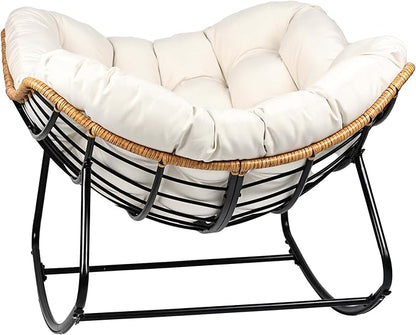 Outdoor Egg Rocking Chair, Indoor Papasan Rocking Chair with Thick Cushion, Modern Lounge Rocker for Balcony, Living Room, Bedroom, Porch, Lawn, Garden (Ivory)