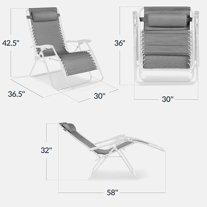 Best Choice Products Set of 2 Extra Wide Adjustable Steel Mesh Zero Gravity Lounge Chair Recliners w/Pillows and Cup Holder Trays - Ice Gray/White