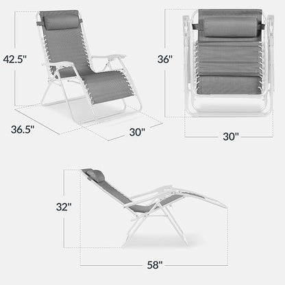 Best Choice Products Set of 2 Extra Wide Adjustable Steel Mesh Zero Gravity Lounge Chair Recliners w/Pillows and Cup Holder Trays - Ice Gray/White
