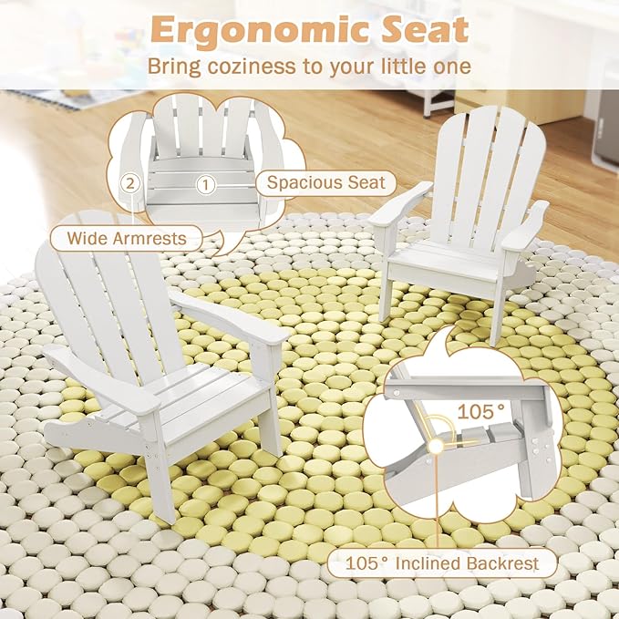 Costzon Kids Adirondack Chair Set of 4, All-Weather HDPE Patio Chair with Armrests, Fire Pit Chair for Kids Ages 3-8, Outdoor Kids Patio Lounge Chair for Garden, Lawn, Backyard (4, White)