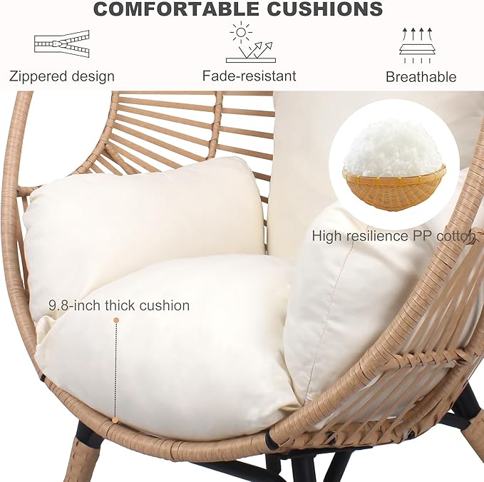 Oversized Wicker Egg Chair, Outdoor Indoor Rattan Patio Egg Lounge Chairs with Cushion 500lbs Capacity for Living Room - Photo 5
