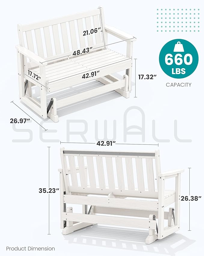 SERWALL 2 Person Patio Glider Rocking Chair, HDPE Material Weather-Resistant Swinging Bench for Outdoor Porch Garden - Photo 2
