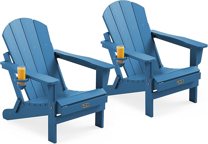 SERWALL Foldable Adirondack Chair Set of 2 for Patio Garden Outdoors Fire Pit Chairs-Navy Blue
