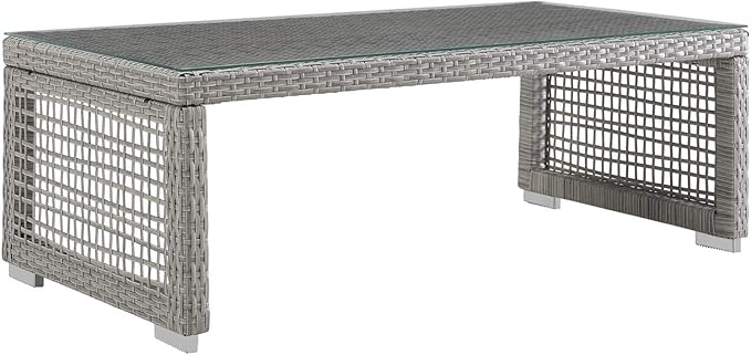 Modway Aura Wicker Rattan Outdoor Patio Tempered Glass Coffee Table in Gray