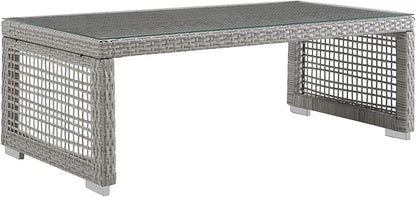 Modway Aura Wicker Rattan Outdoor Patio Tempered Glass Coffee Table in Gray