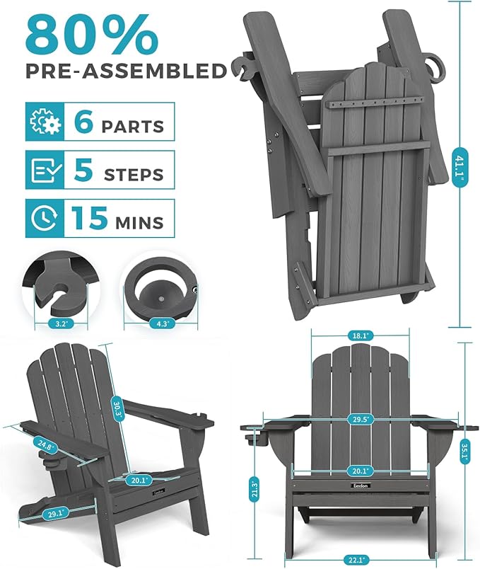 Folding Adirondack Chair, HDPE Adirondack Chair with 2 Cup-Holders, Outdoor Fire Pit Chairs for Poolside, Garden, Patio - Photo 3