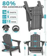 Folding Adirondack Chair, HDPE Adirondack Chair with 2 Cup-Holders, Outdoor Fire Pit Chairs for Poolside, Garden, Patio - Photo 3