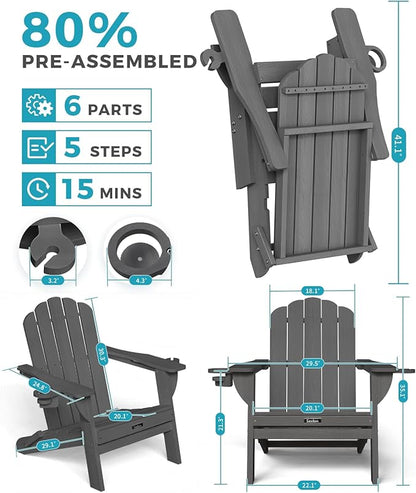 Adirondack Chairs Set of 4, Foldable Adirondack Chairs with 2 Cup Holder, Wood Texture HDPE Fire Pit Chairs, Outdoor Lawn Chair for Patio Garden, Dark Grey
