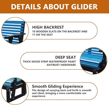 3-Seater Outdoor Glider Chair, 5FT Wood Porch Glider with High Roll Back, Cupholders and Deep Contoured for Porch, Garden, Dark Grey and Blue