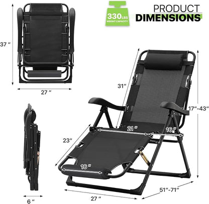 Magshion Lounge Chair Folding Patio Recliner, Outdoor Adjustable Dining Reclining Chairs with Adjustable Headrest & Foot Rest Cushion for Deck Patio Beach Yard, 330lbs Weight Capacity, Black